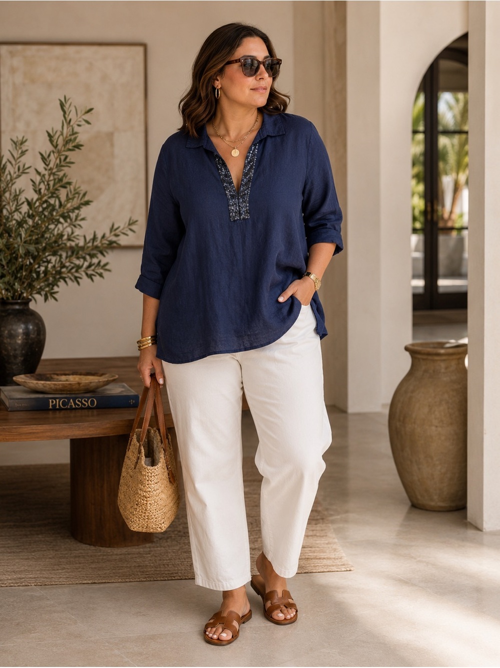 Lauren Ralph Lauren LINEN Navy Blue Sequin collar Tunic size 2X